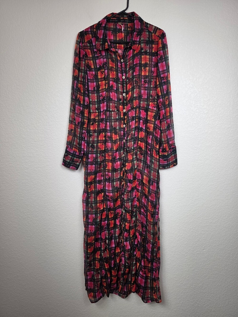 Free People Sheer Plaid Maxi Shirt Dress Medium